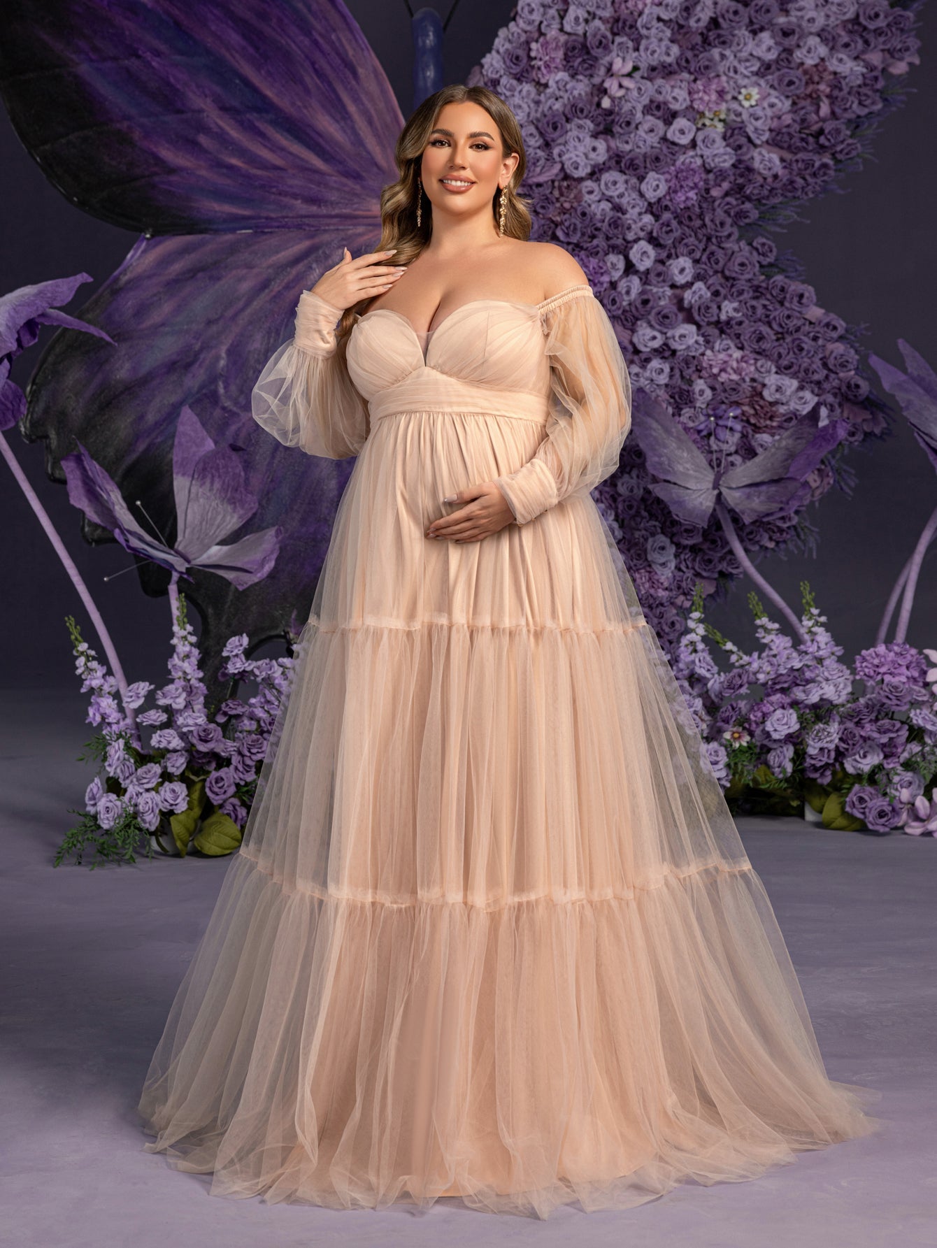 Plus Maternity Off Shoulder Bishop Sleeves Layered Tulle Photography Dress