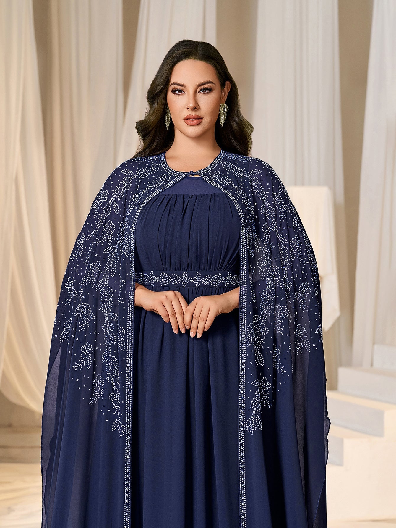 Plus Gorgeous Two-Piece Chiffon Evening Dress | Rhinestone Cape Sleeves & A-Line Skirt with Cathedral Train