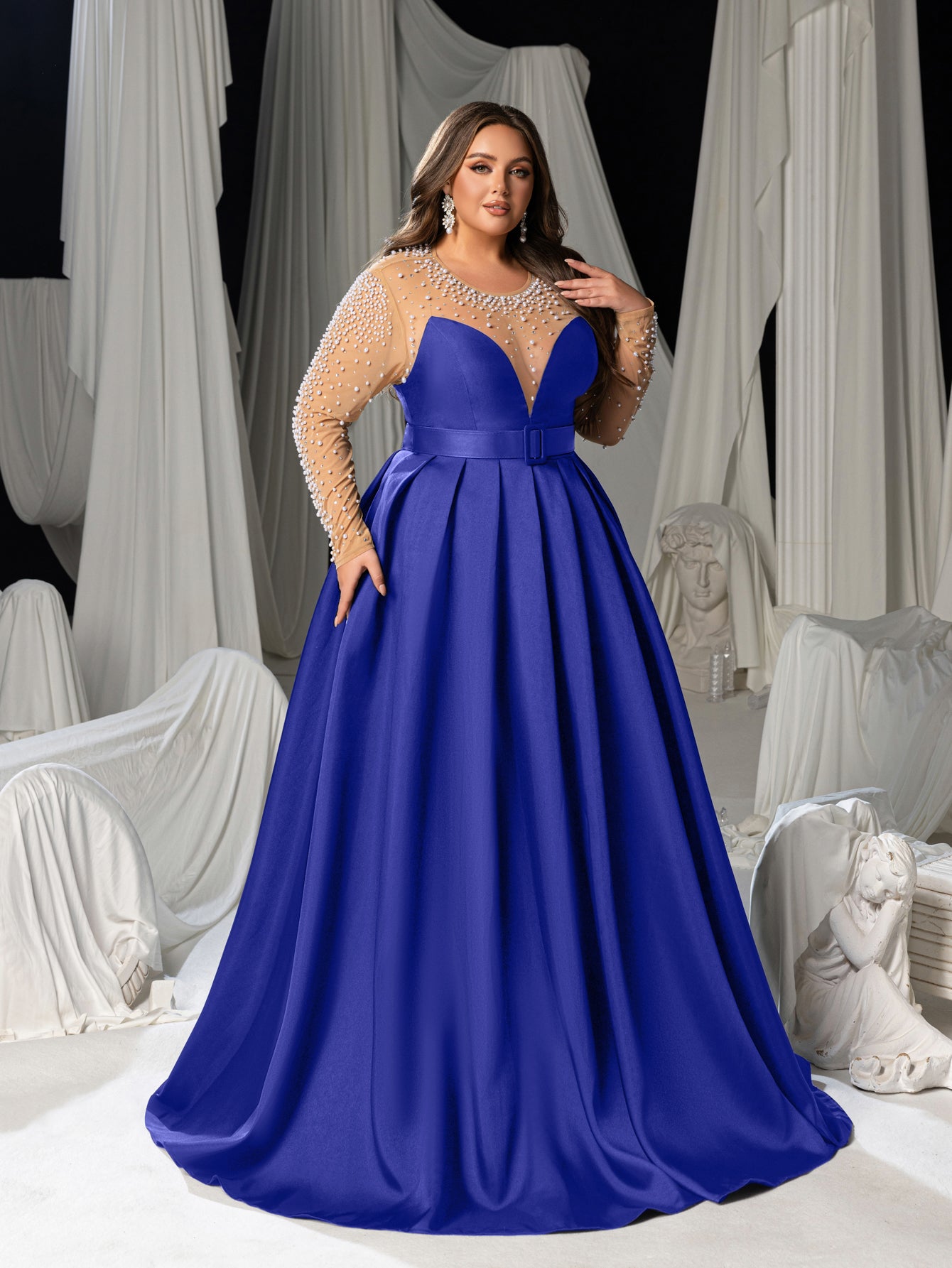 Plus Size Pearl Decoration Sheer Sleeves Satin Evening Gown - Formal Royal Blue / 2XL Plus Size Pearl Decoration Sheer Sleeves Satin Evening Gown - Formal Royal Blue / 2XL