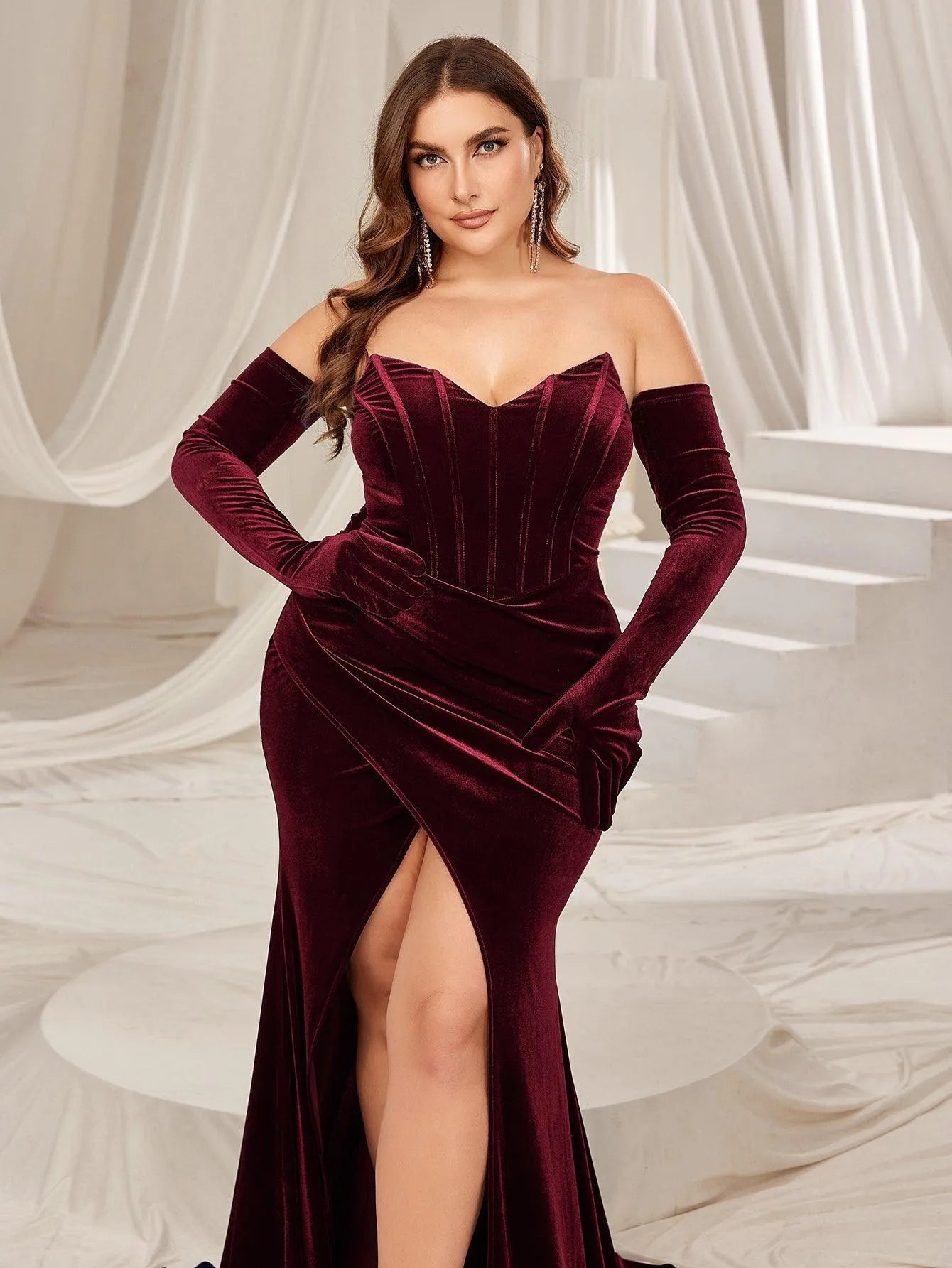 Plus Ruched Wrap Hem Velvet Tube Prom Dress£¨Gloves Included£© - Elonnashop