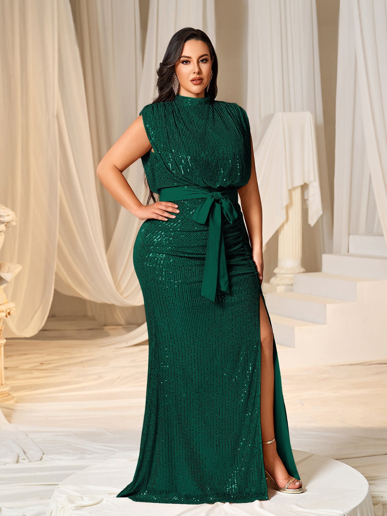 Plus Sequin Evening Gown with High Slit Mermaid Silhouette for Luxu Royal Blue / 4XL Plus Sequin Evening Gown with High Slit Mermaid Silhouette for Luxu Royal Blue / 4XL