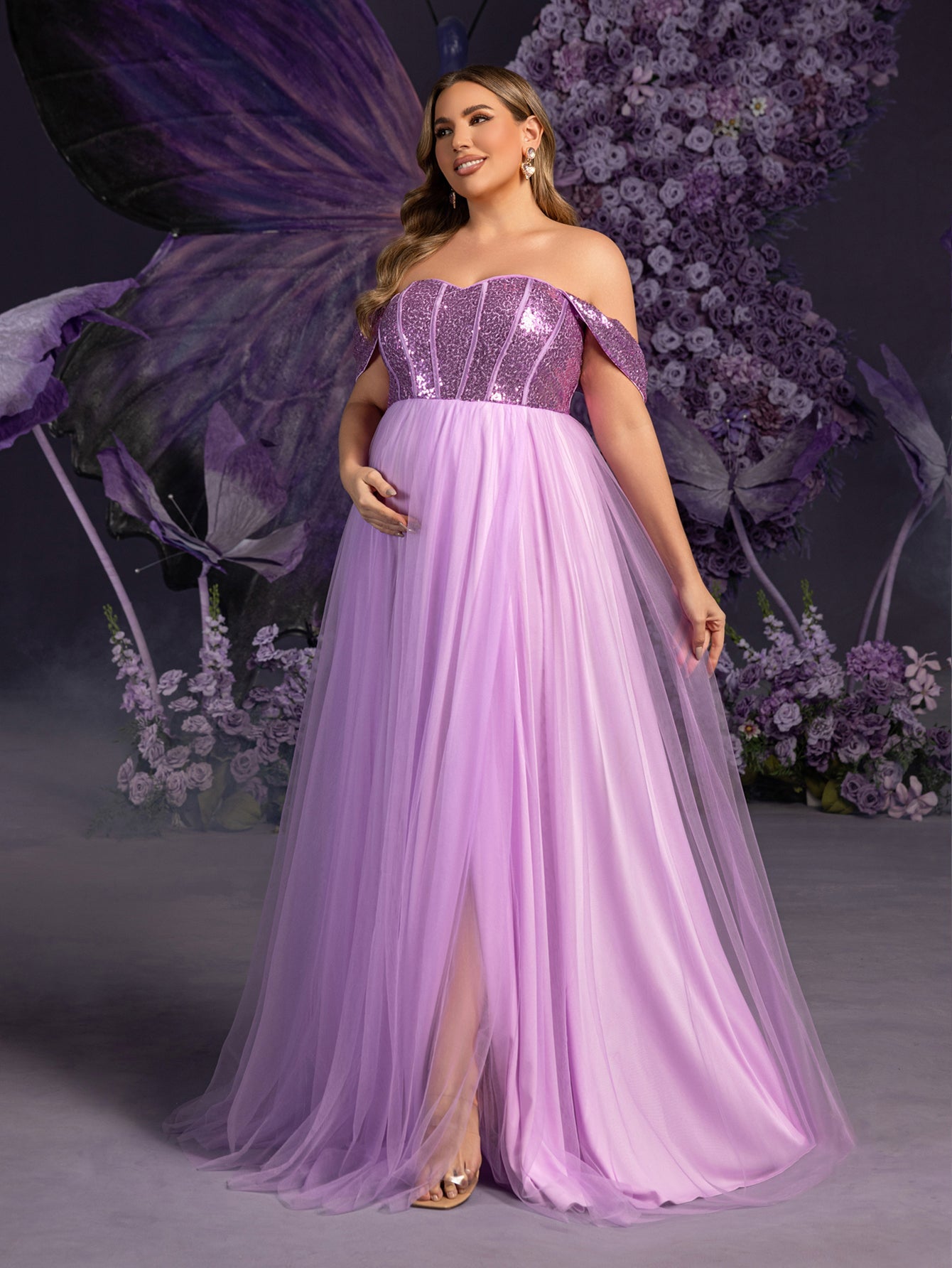 Plus Maternity Off Shoulder Sequin Bodice Contrast Tulle Evening Dress Purple / 3XL Plus Maternity Off Shoulder Sequin Bodice Contrast Tulle Evening Dress Purple / 3XL