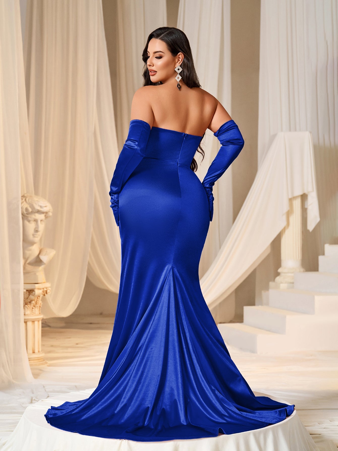 tube prom dress Velvet Bodice Contrast Satin Hem Tube Prom Dress Navy blue / XS