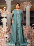 Plus Womens' Elegant Lace Mermaid Gown - Sheer Sleeves & Intricate Lace Patterns with Chiffon Overlay for Beach Weddings, Romantic Coastal Events