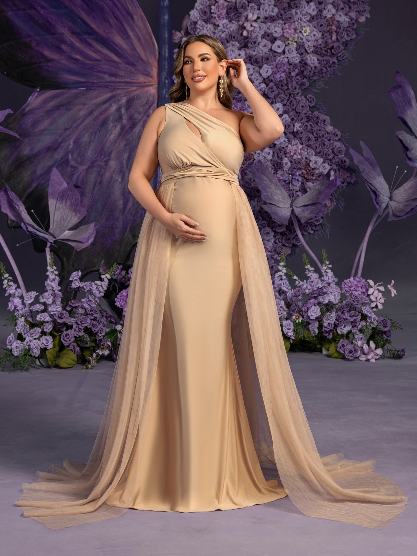 Plus Maternity One Shoulder Contrast Mesh Mermaid Evening Dress Champagne / 5XL Plus Maternity One Shoulder Contrast Mesh Mermaid Evening Dress Champagne / 5XL