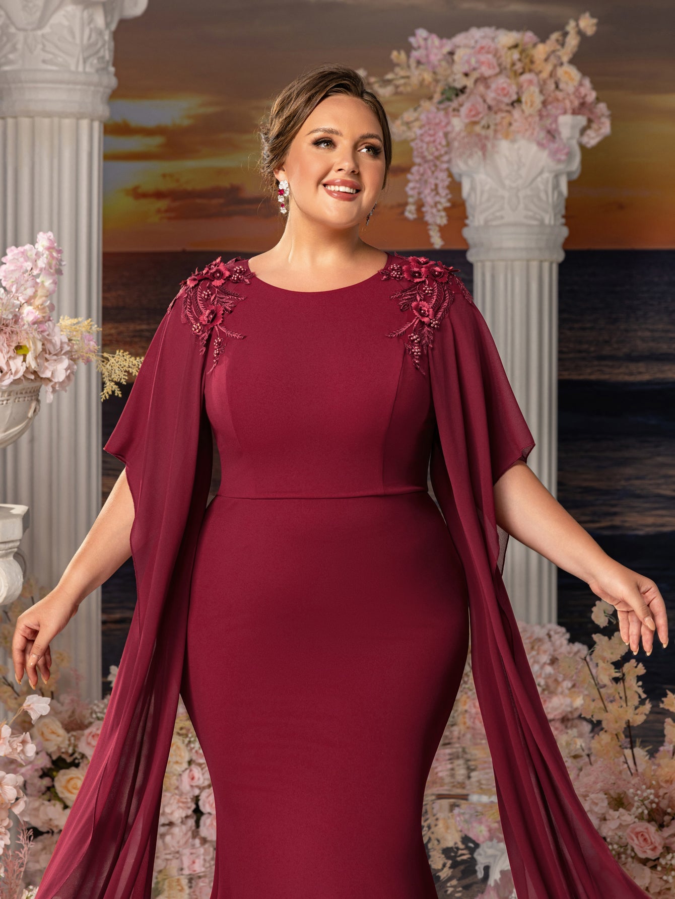 Plus Womens' Mermaid Silhouette Formal Dress with Flared Chiffon Slee Curvepretty Plus Womens' Mermaid Silhouette Formal Dress with Flared Chiffon Slee Curvepretty