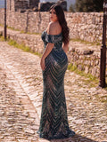 Plus Sequins One Shoulder Mermaid Maxi Dress | Chevron Stripe High Slit Evening Gown | Formal Party & Prom Dress
