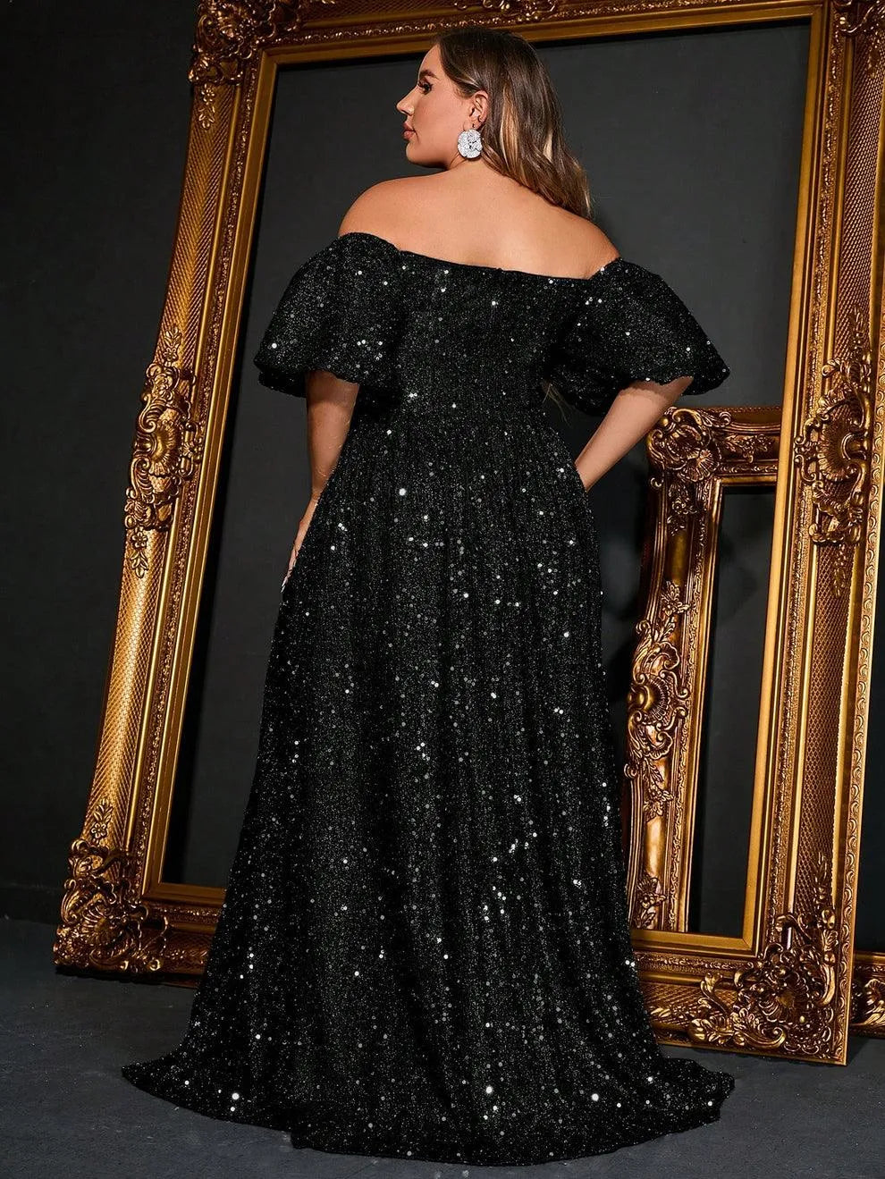 Plus Off Shoulder Puff Sleeves Sequin A Line Dress - Elonnashop