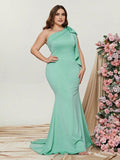 Plus Bow One Shoulder Sleeveless Satin Mermaid Dresses - Elonnashop