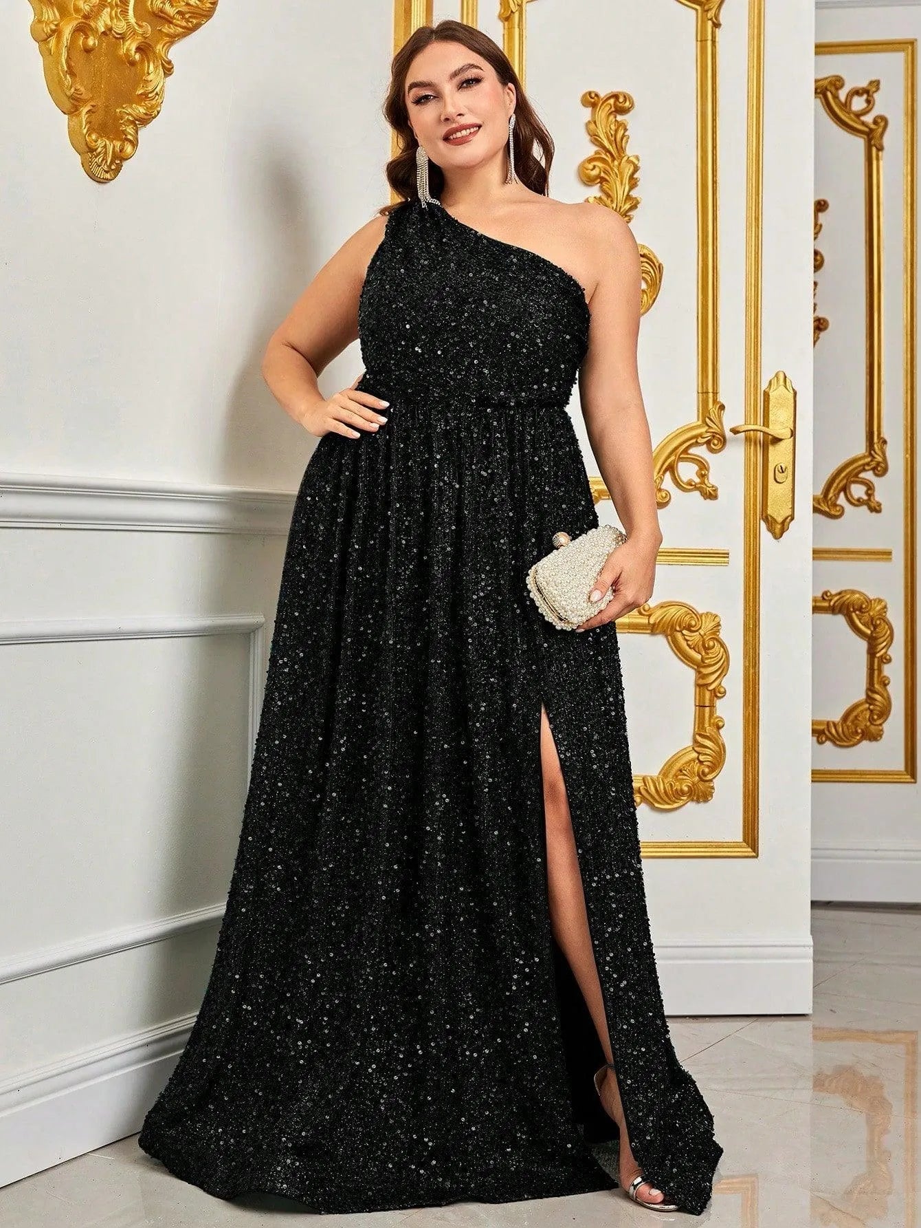 Plus Size One Shoulder Sleeveless Sequin A Line Dresses - Elonnashop