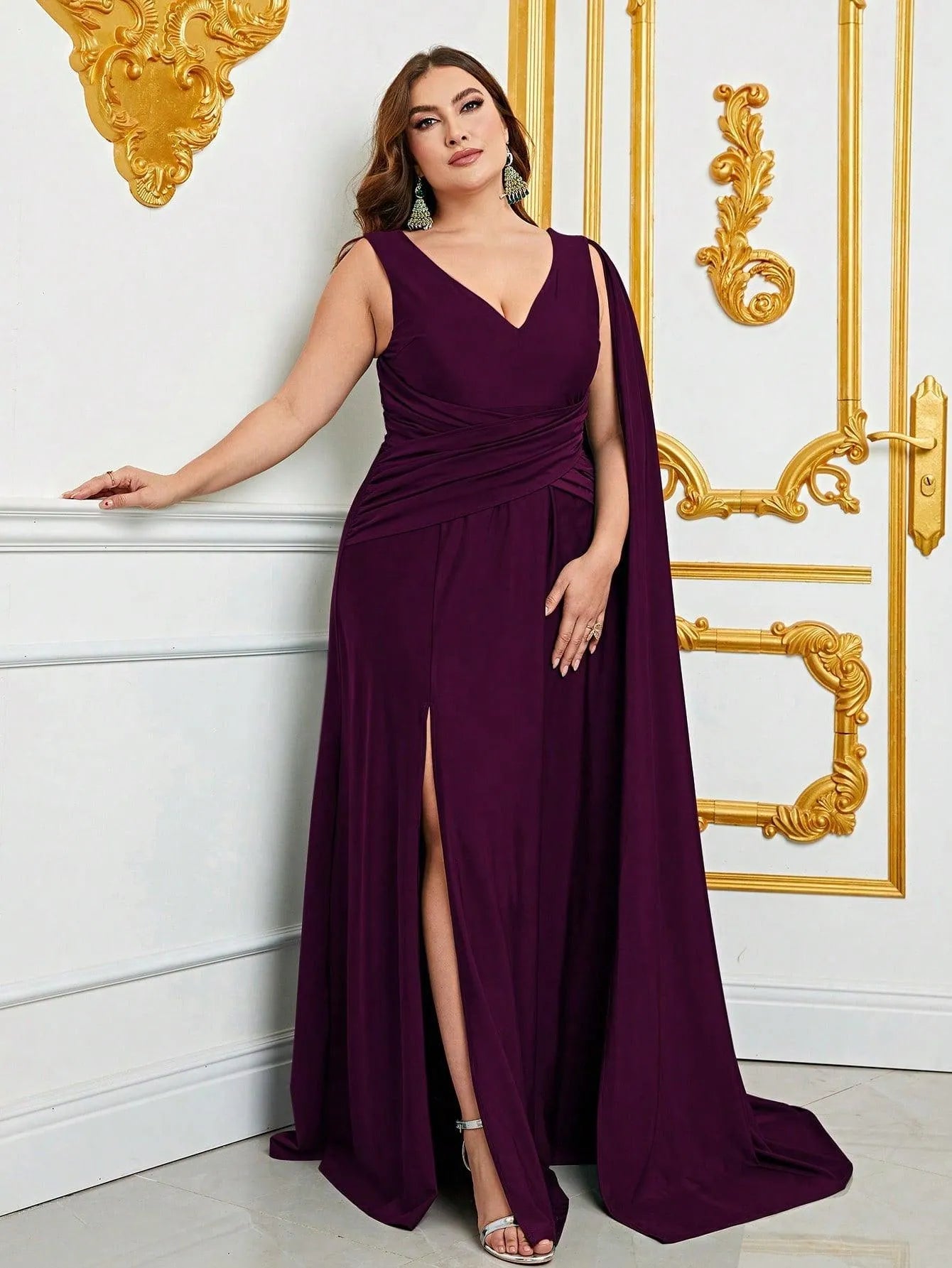 Plus Ruched Draped Side Split Party Dress Bridesmaids Dress Purple / 1XL Plus Ruched Draped Side Split Party Dress Bridesmaids Dress Purple / 1XL