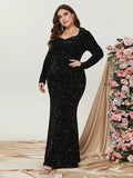 Plus Sweetheart Neck Long Sleeve Sequin Prom Dresses - Elonnashop