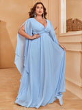 Plus Deep V Neck Cape Sleeves Chiffon Dresses - Elonnashop