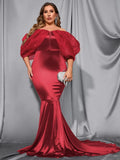 Plus Off Shoulder Cap Sleeves Satin Mermaid Dress