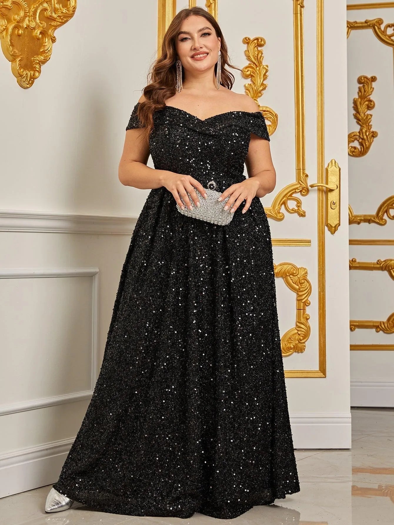 Plus Off Shoulder Sequin Prom DressCinthya - Elonnashop