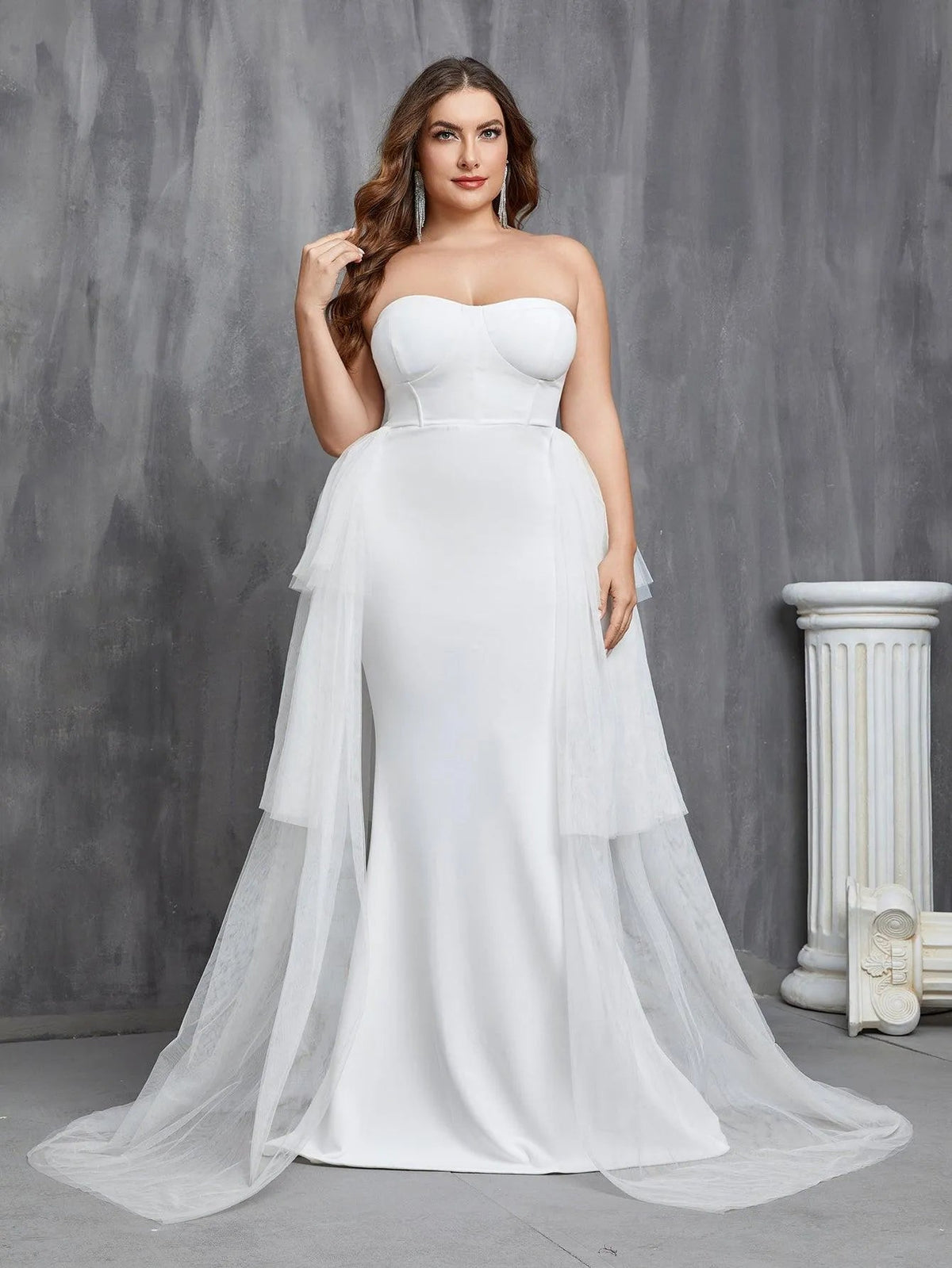 Plus Mesh Overlay Mermaid Hem Tube Wedding Dress White / 3XL Plus Mesh Overlay Mermaid Hem Tube Wedding Dress White / 3XL