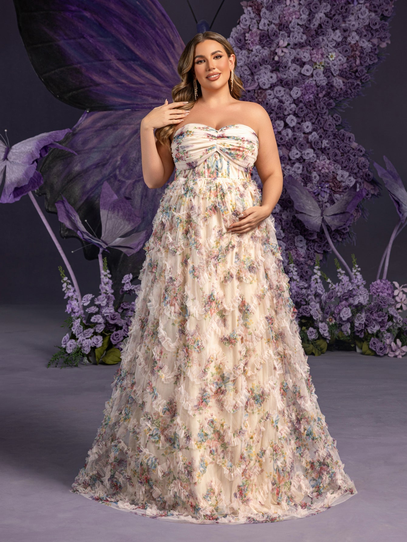 Plus Maternity  Strapless Ruffle Trim Floral Mesh Party Dress