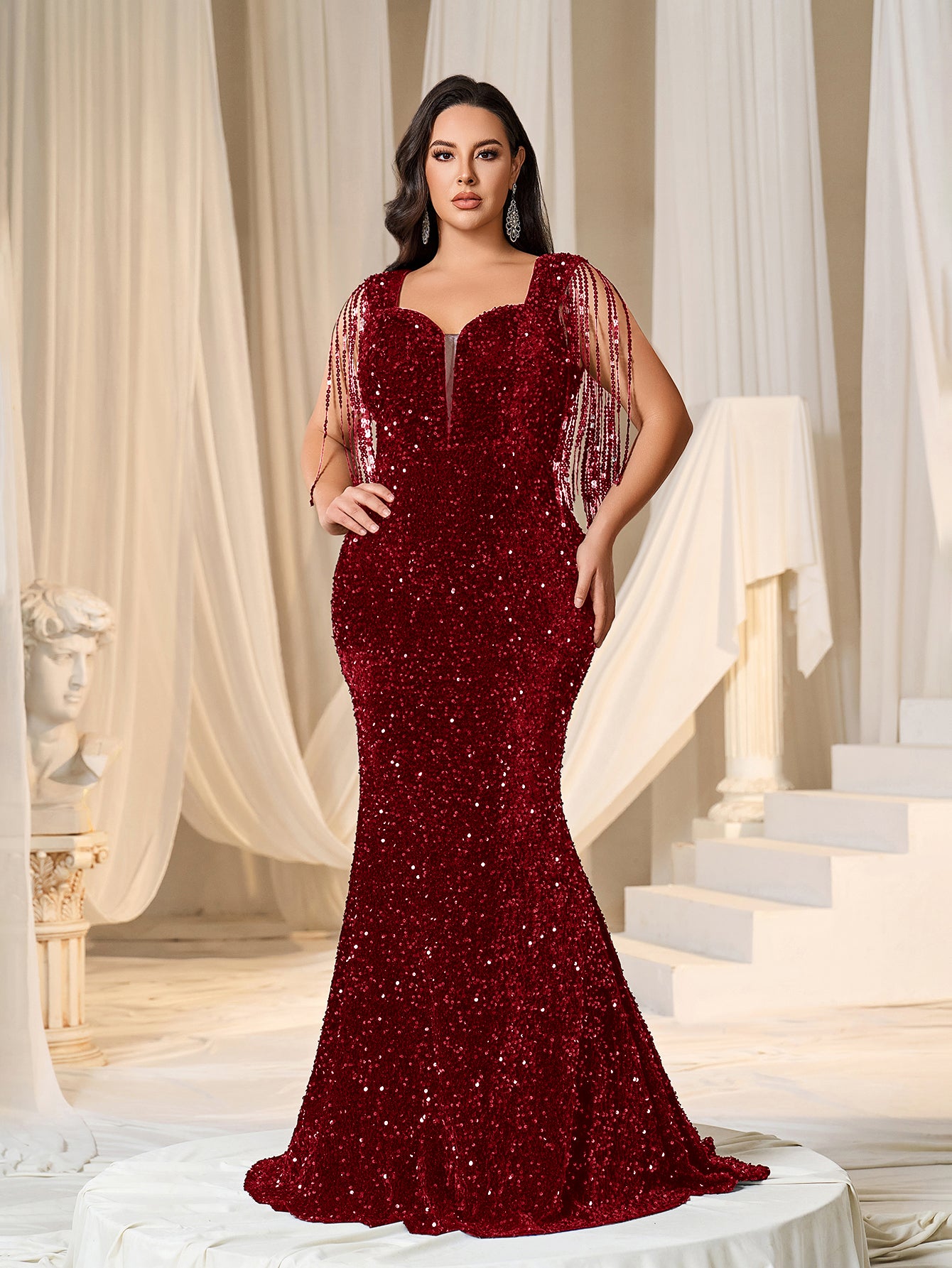 Plus Sweetheart Neck Mermaid Hem Sequin Fringed Evening Dress Curvepretty Plus Sweetheart Neck Mermaid Hem Sequin Fringed Evening Dress Curvepretty
