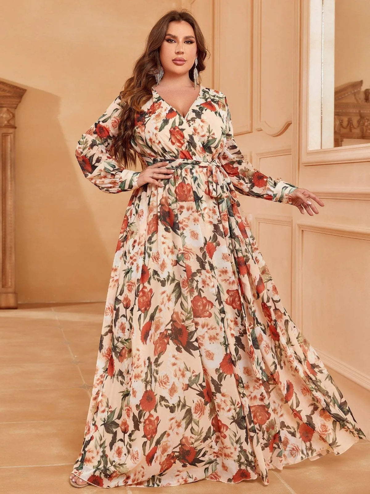 Plus V Neck Long Sleeve Floral Chiffon Belted Dress - Elonnashop