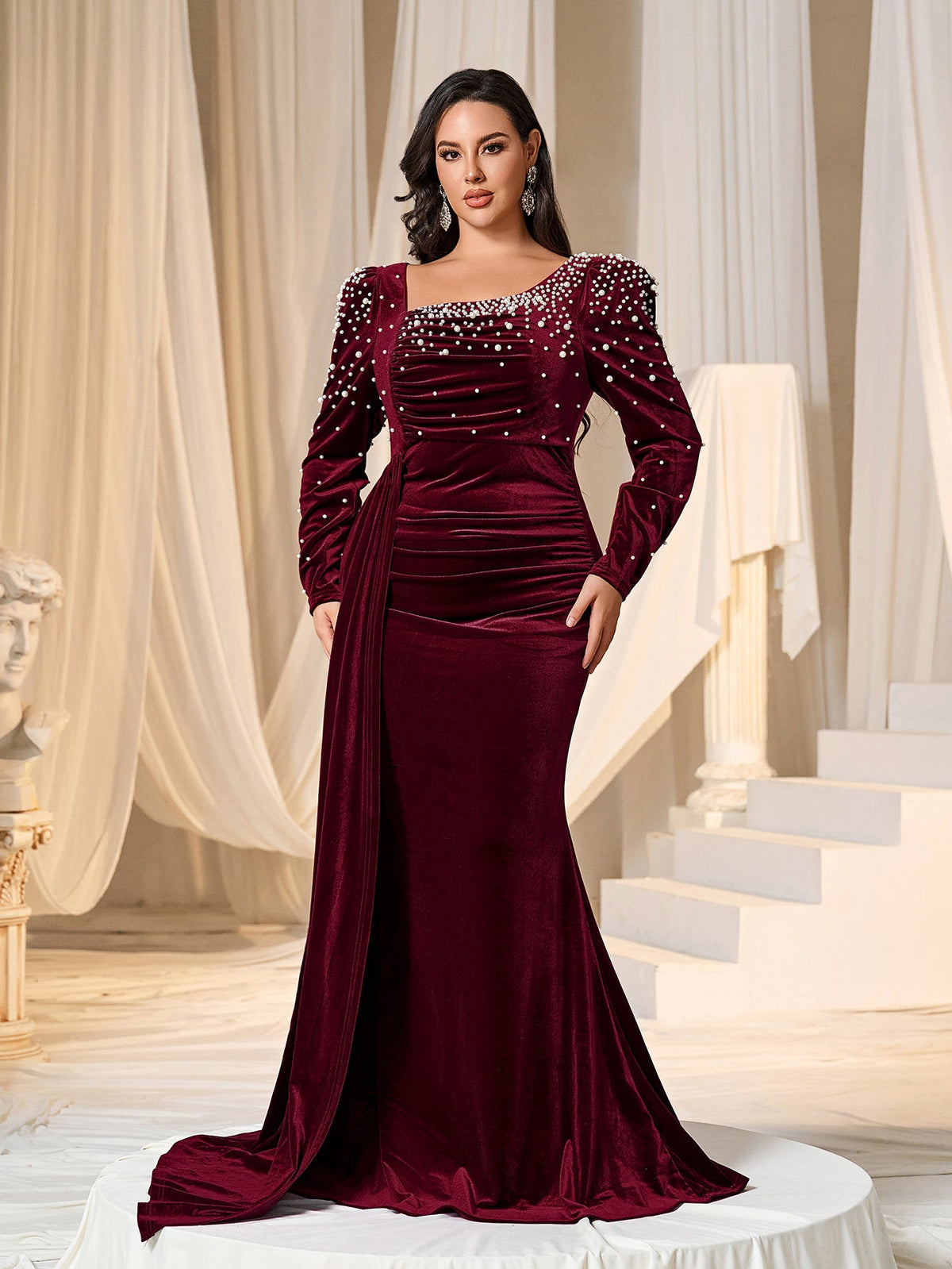 Plus Elegant Pearl Embellished Diagonal Neck Mermaid Hem Velvet Evening Dress