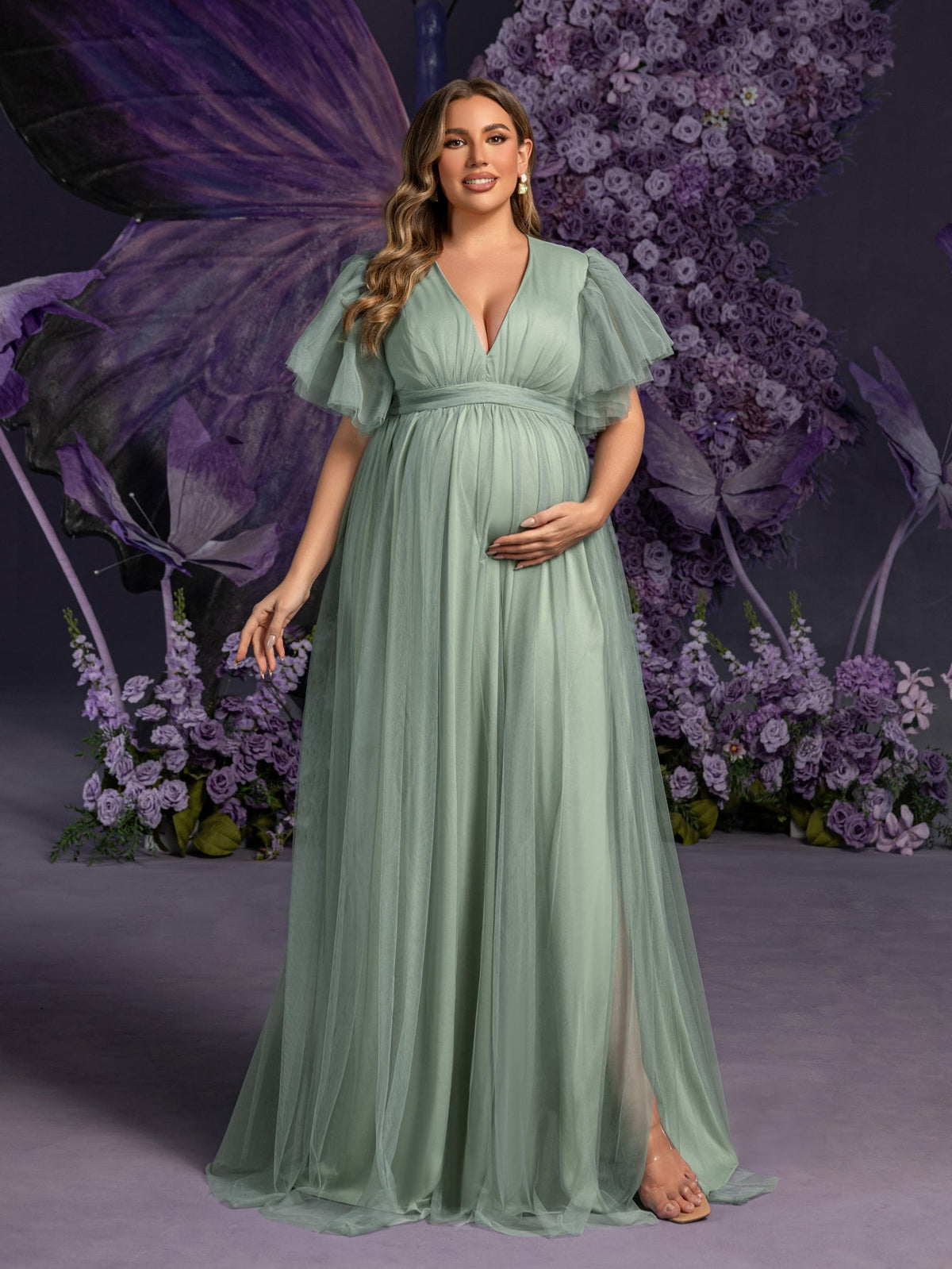 Plus Maternity  V Neck Layered Ruffle Sleeves Split Prom Dress