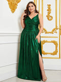 Plus Spaghetti Strap Metallic A Line Prom Dress - Elonnashop