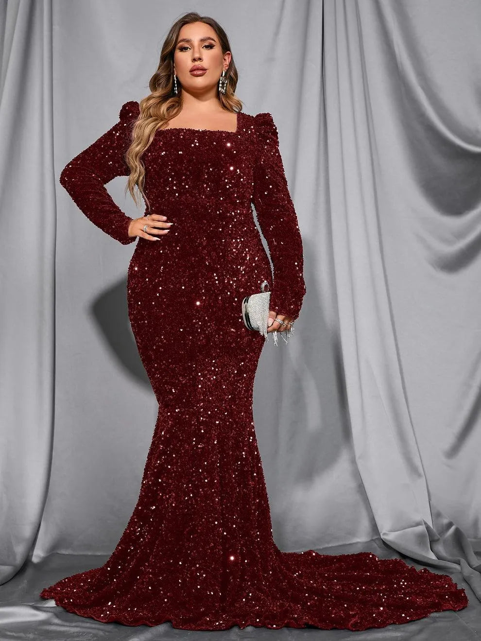plus sequin maxi dress Plus Square Neck Mermaid Hem Sequin Maxi Dress