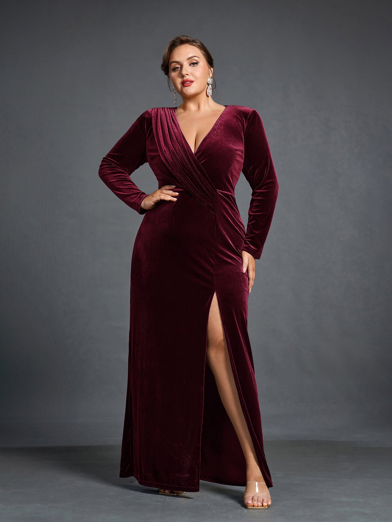 Plus Elegant V Neck Long Sleeve Velvet Slit Dress Burgundy / 4XL Plus Elegant V Neck Long Sleeve Velvet Slit Dress Burgundy / 4XL