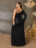 Plus Asymmetrical Neck Ruched Wrap Hem Sequin Formal Dress
