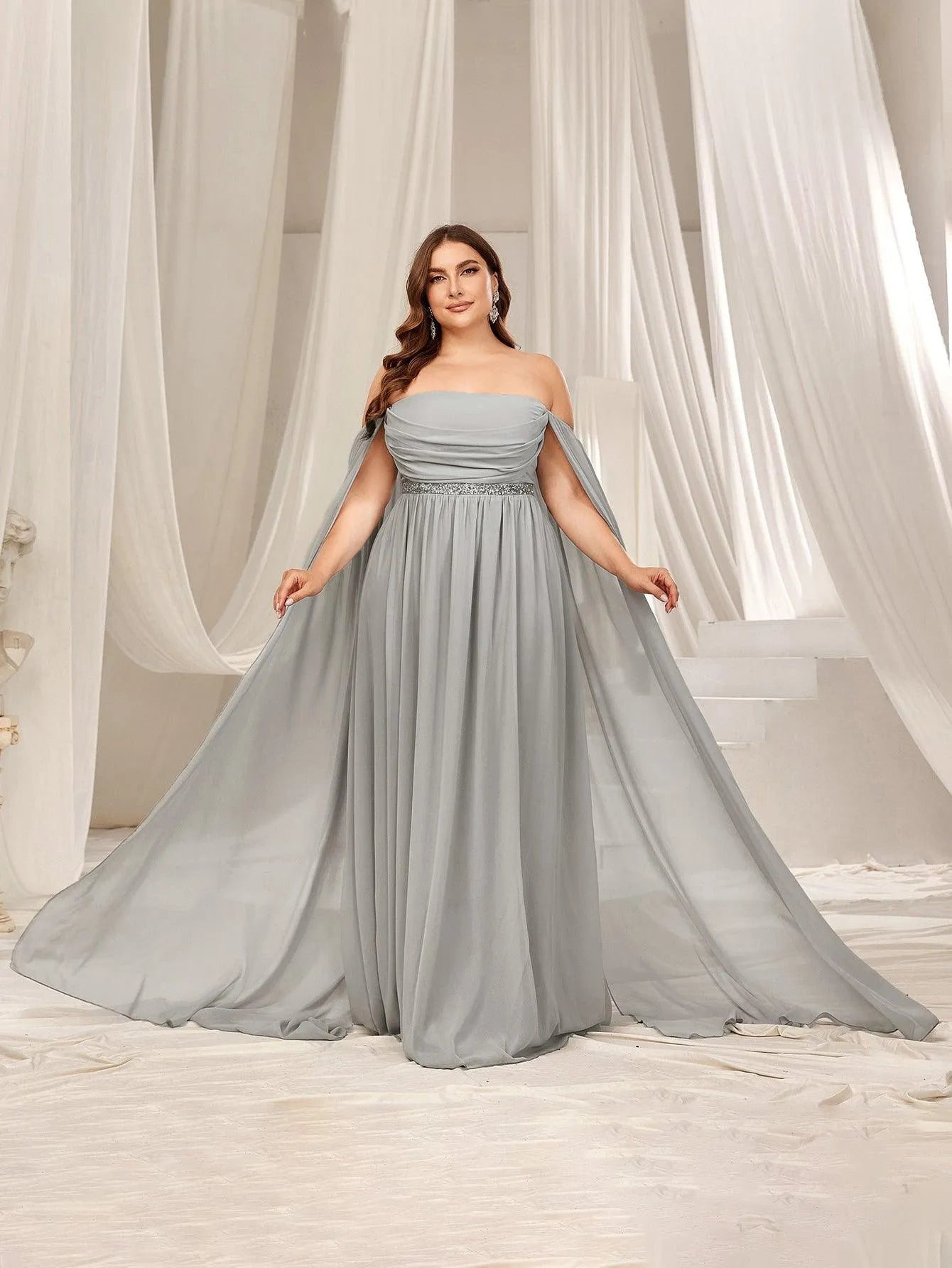Plus Off Shoulder Extra-Long Sleeves Chiffon Prom Dress Grey / 1XL Plus Off Shoulder Extra-Long Sleeves Chiffon Prom Dress Grey / 1XL