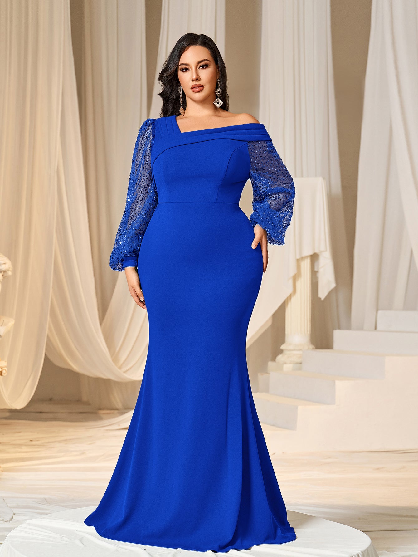 Plus Asymmetrical Neck Lantern Sleeves Formal Mermaid Dress Royal Blue / 1XL Plus Asymmetrical Neck Lantern Sleeves Formal Mermaid Dress Royal Blue / 1XL