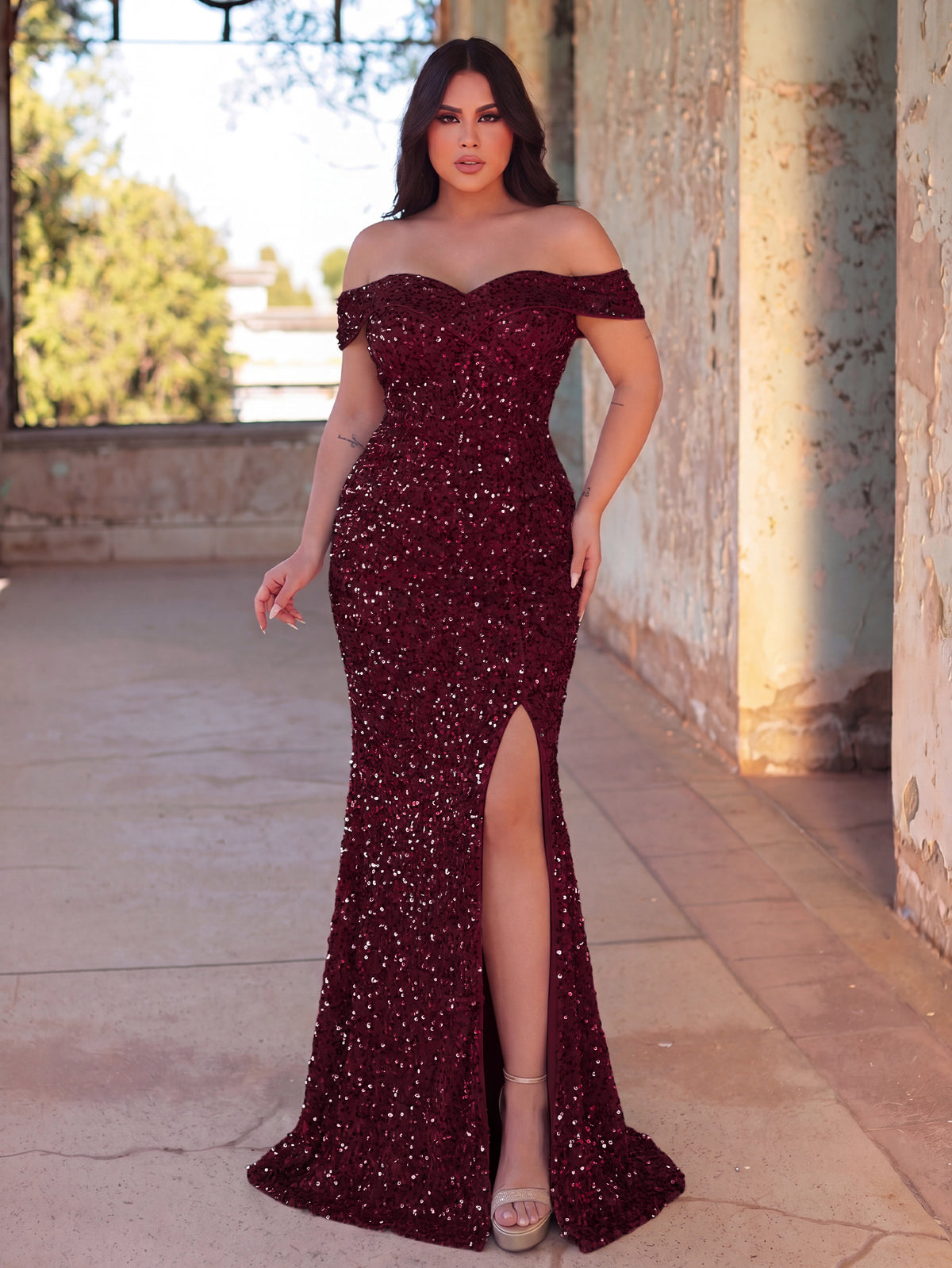 Plus Elegant Off Shoulder Split Sequin Mermaid Formal Dress