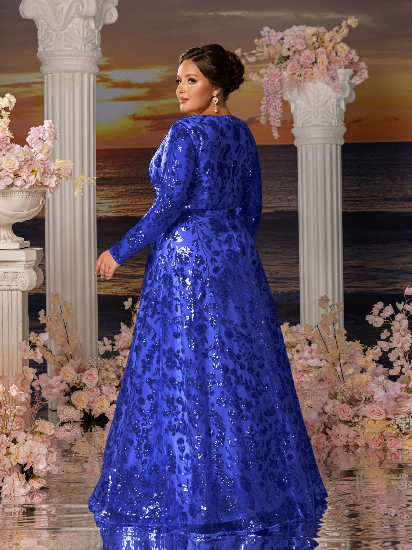 Plus Womens' Elegant V-Neck Evening Gown with Delicate Lace & Silver Royal Blue / 4XL Plus Womens' Elegant V-Neck Evening Gown with Delicate Lace & Silver Royal Blue / 4XL