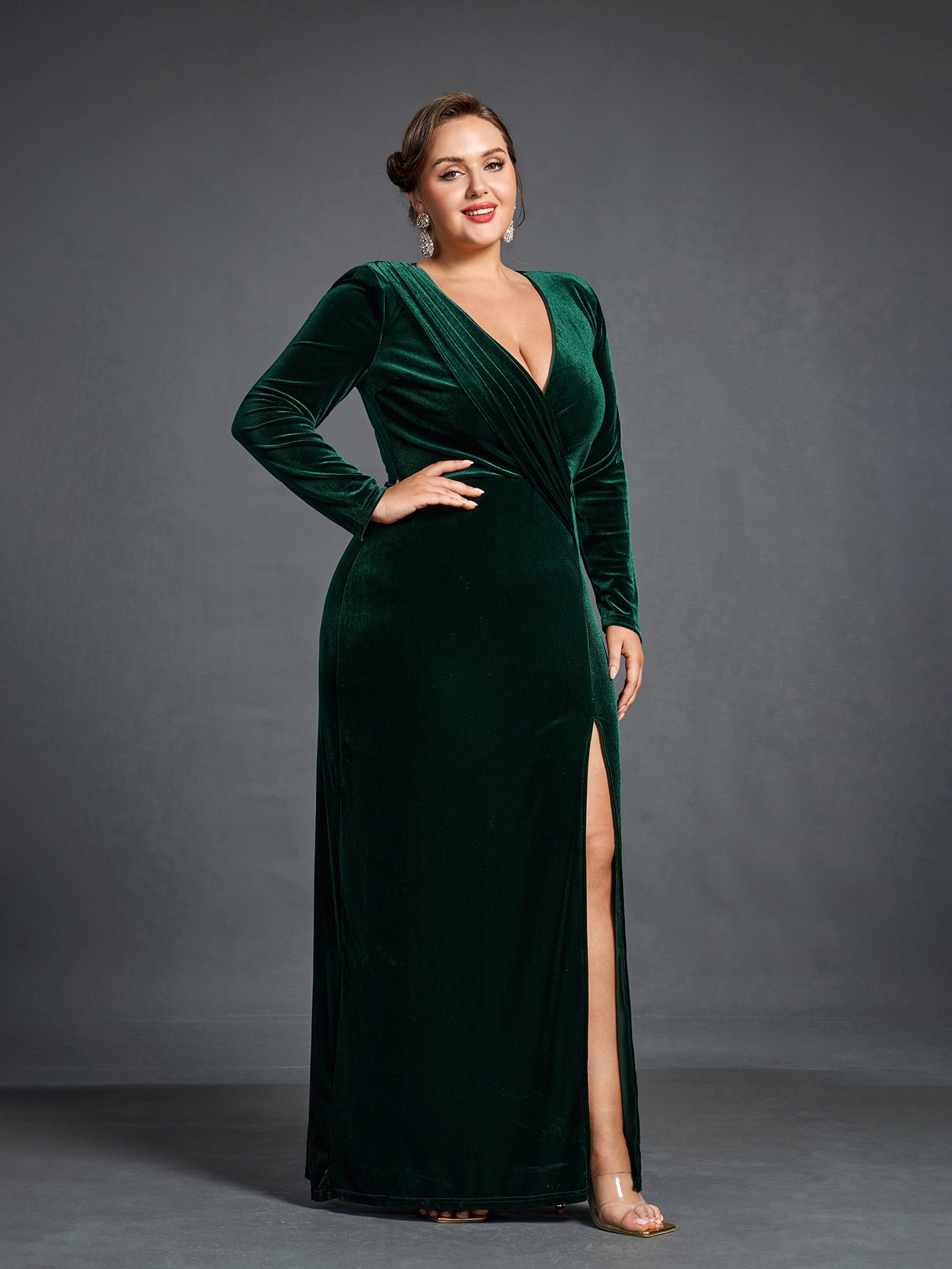 Plus Elegant V Neck Long Sleeve Velvet Slit Dress Dark Green / 4XL Plus Elegant V Neck Long Sleeve Velvet Slit Dress Dark Green / 4XL