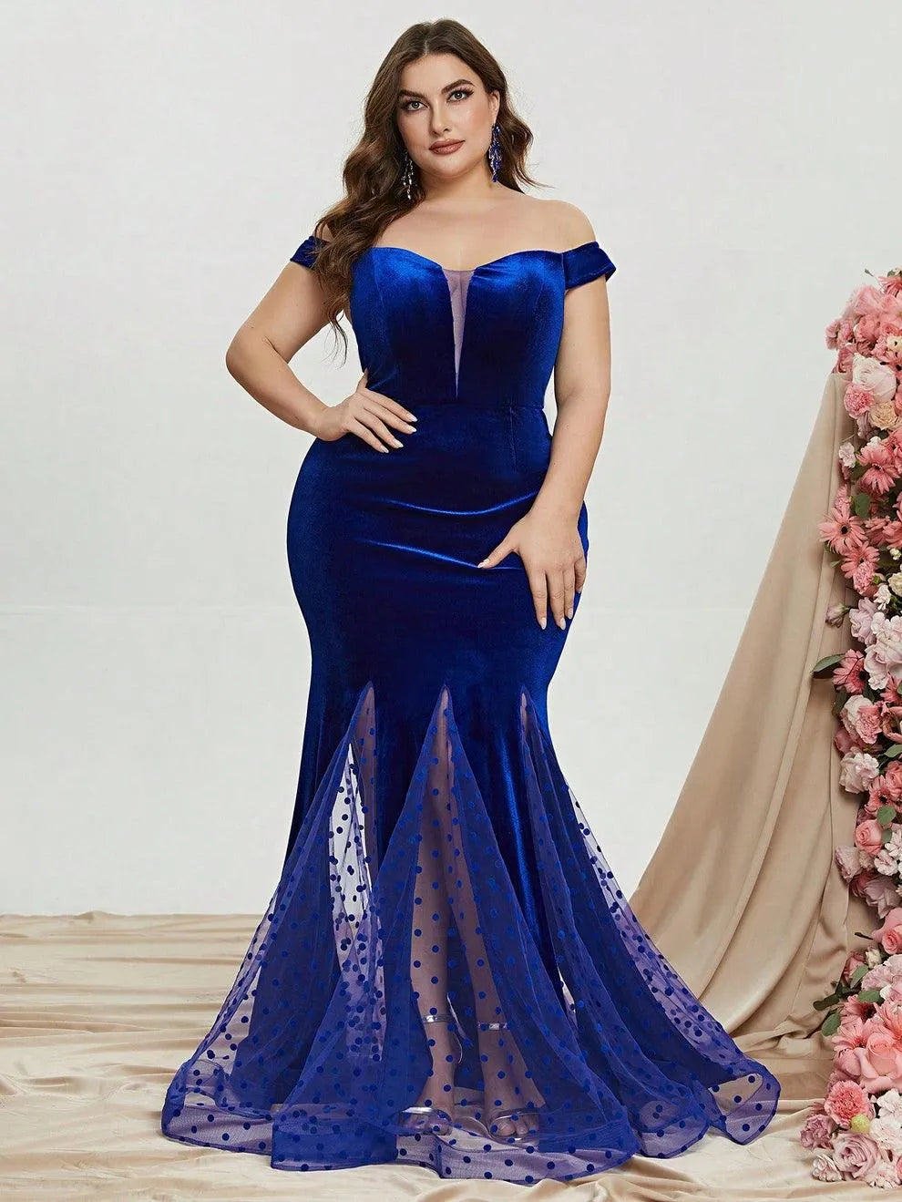 Plus Off Shoulder Mesh Insert Mermaid Dresses - Elonnashop