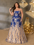 Plus Elegant Spaghetti Straps Graphic Sequin Formal Prom Dress