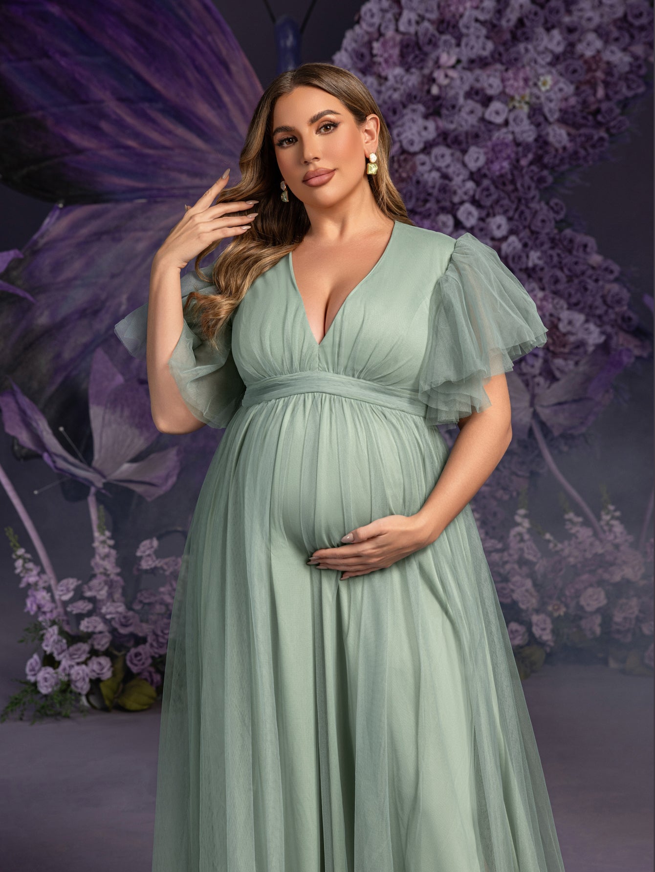 Plus Maternity  V Neck Layered Ruffle Sleeves Split Prom Dress