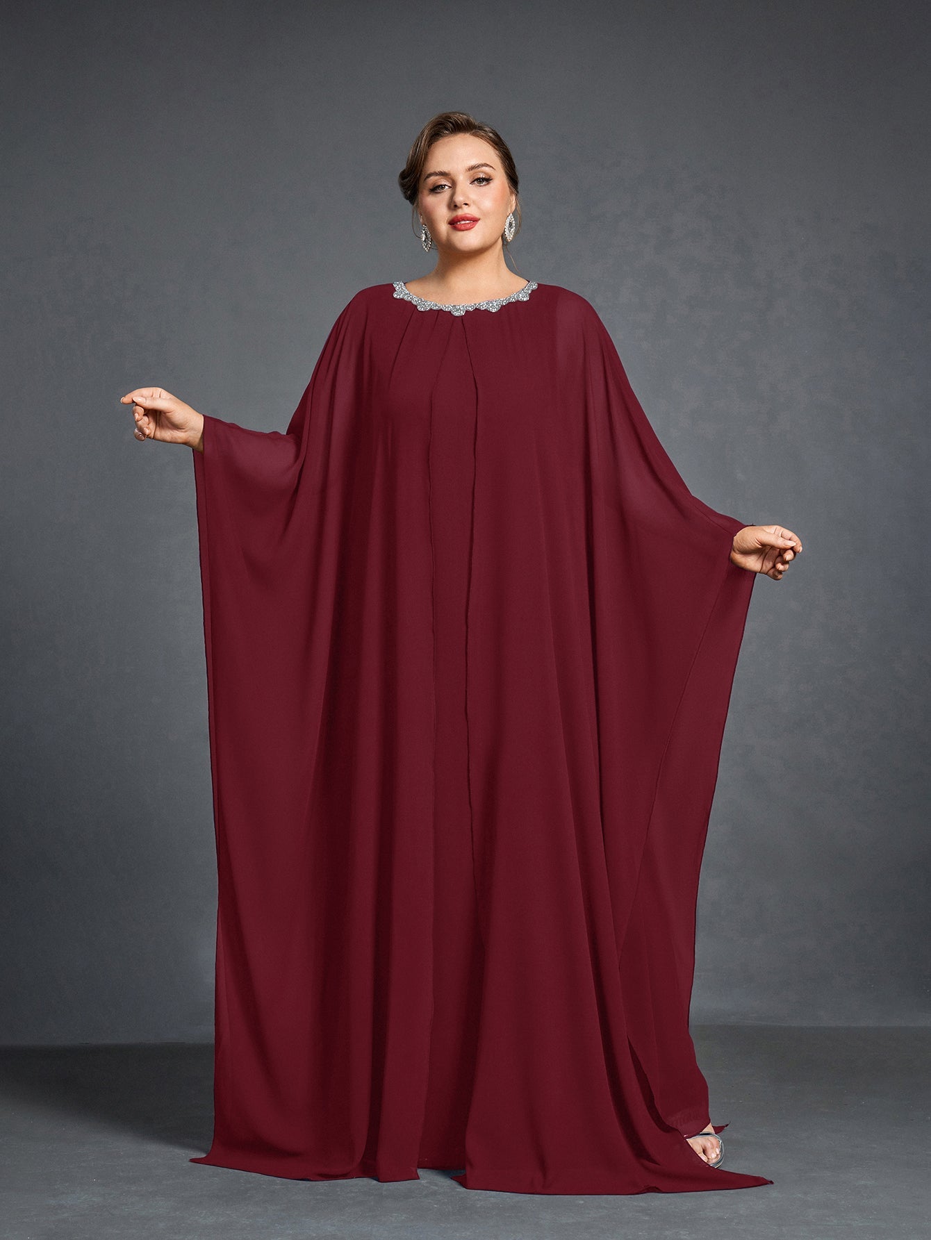 Plus Womens' Embellished Round -Neck Formal Dress with Sheer Chiffon Burgundy / 1XL Plus Womens' Embellished Round -Neck Formal Dress with Sheer Chiffon Burgundy / 1XL