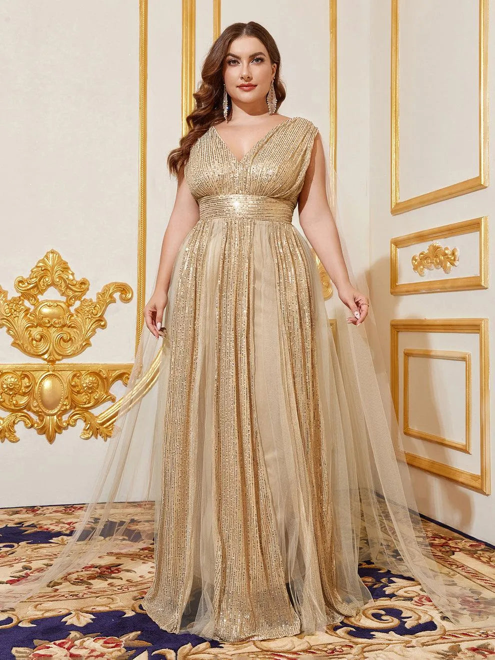 Plus Deep V Neck Sequin A Line Cape Dress Curvepretty Plus Deep V Neck Sequin A Line Cape Dress Curvepretty