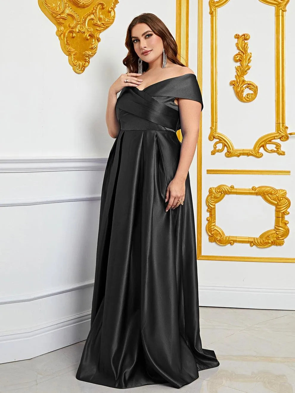 Plus Elegant Off Shoulder Satin A Line Prom Dress - Elonnashop