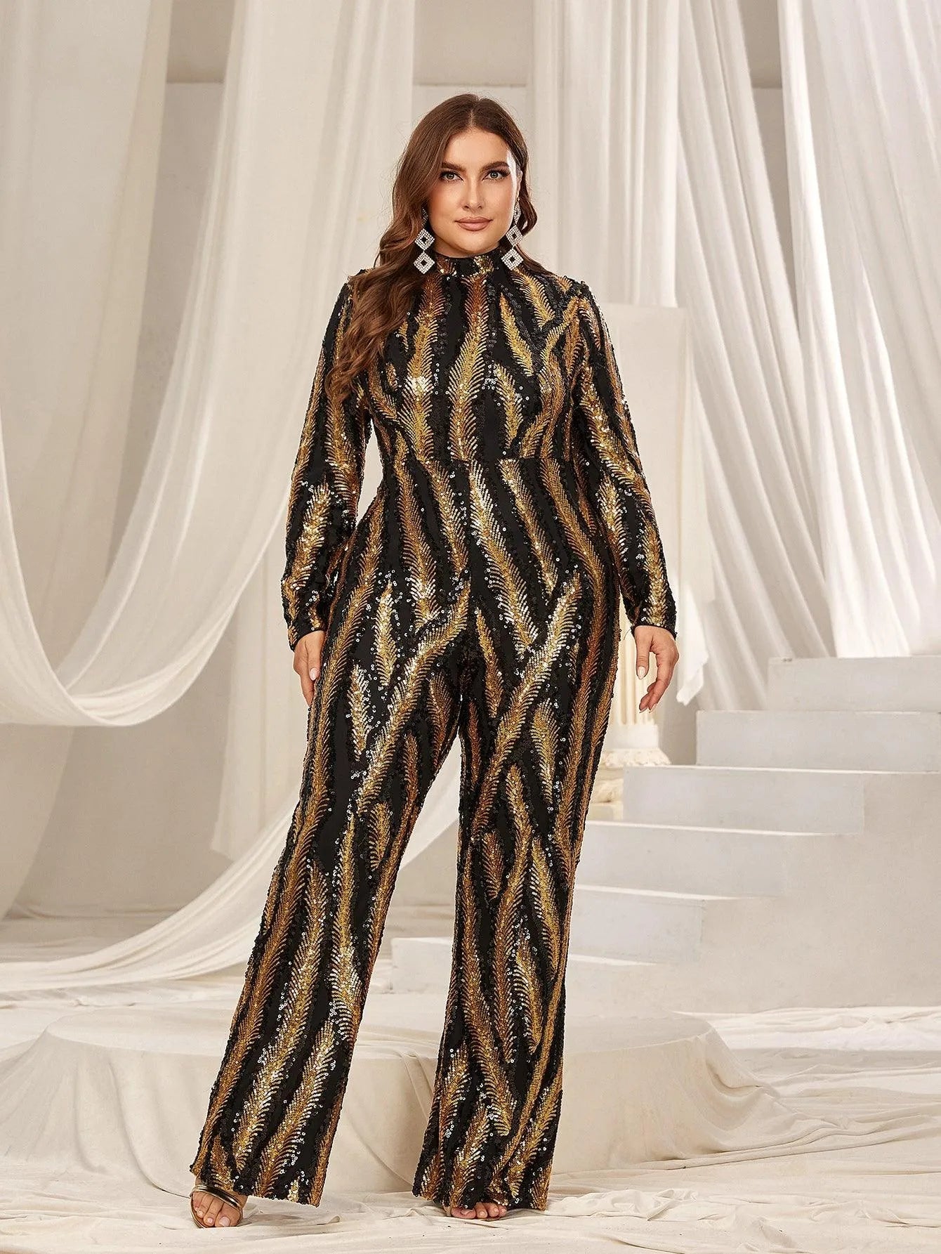 Plus Mock Neck Long Sleeves Graphic Sequin Jumpsuit - Elonnashop