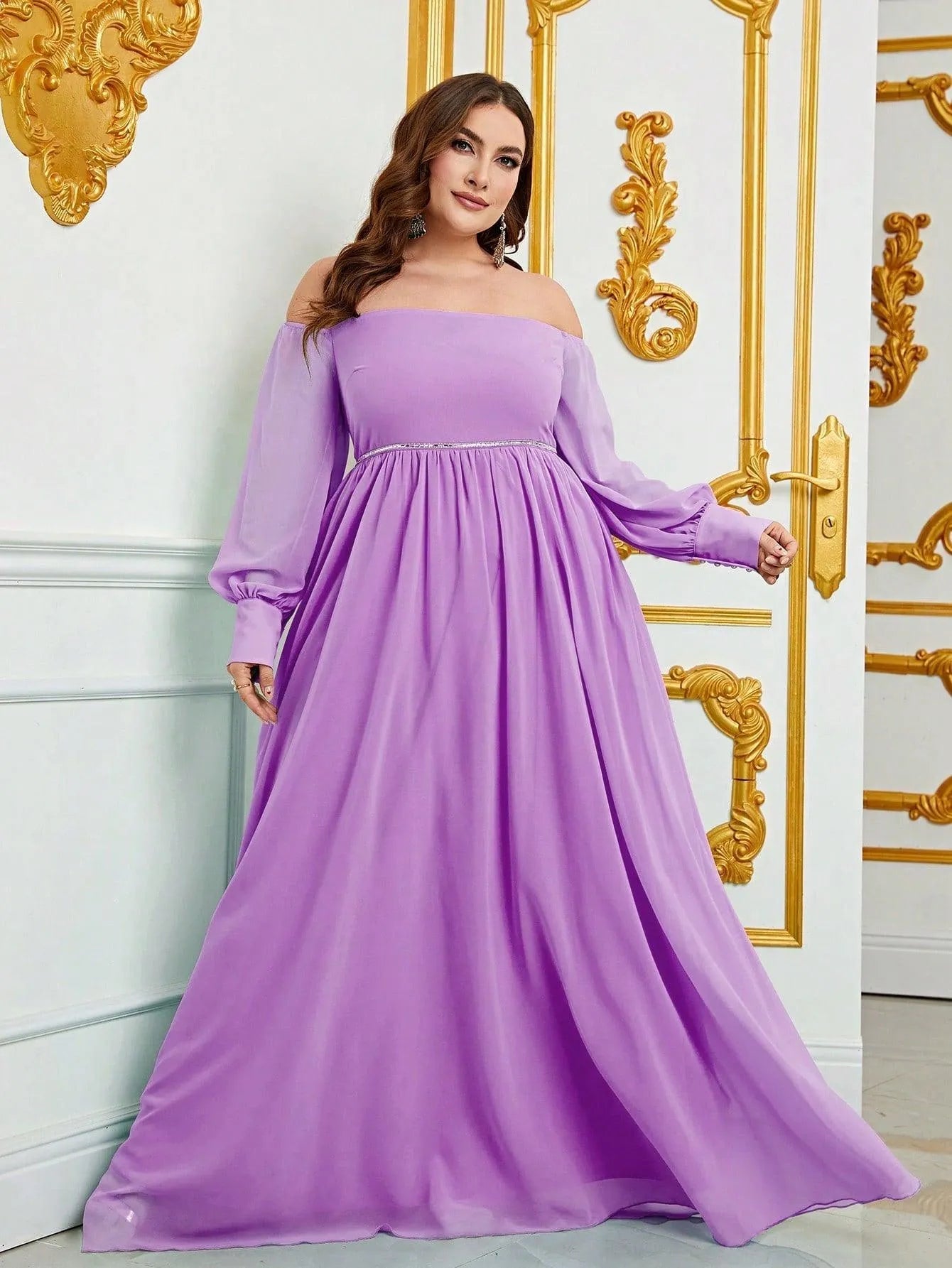 Plus Off Shoulder Long Sleeves Chiffon A Line Dress Purple / 1XL Plus Off Shoulder Long Sleeves Chiffon A Line Dress Purple / 1XL