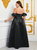 Plus Off Shoulder Puff Sleeves Ruched Bust Satin Prom Dress - Elonnashop