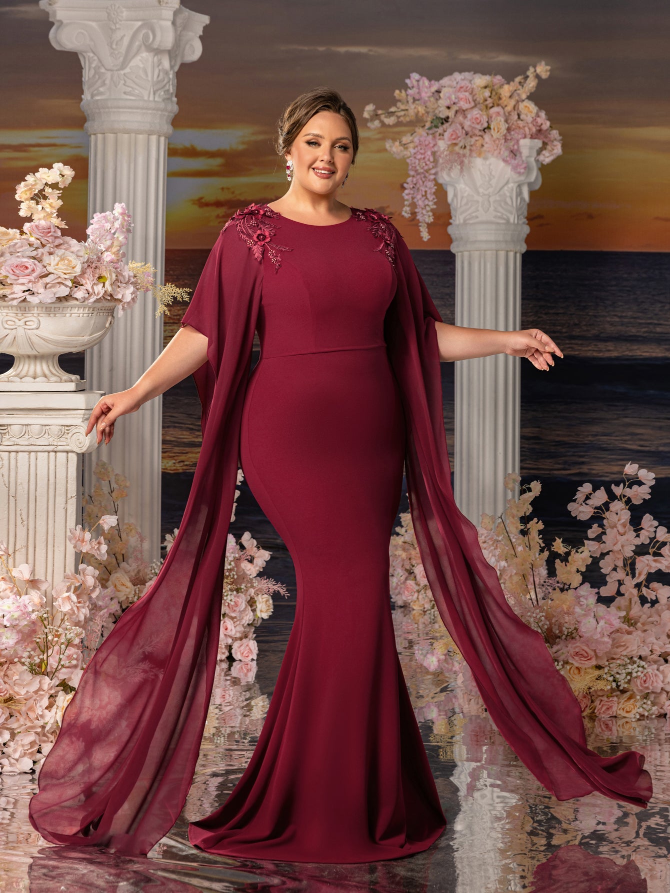 Plus Womens' Mermaid Silhouette Formal Dress with Flared Chiffon Sleeves & Floral Appliqué Detailing