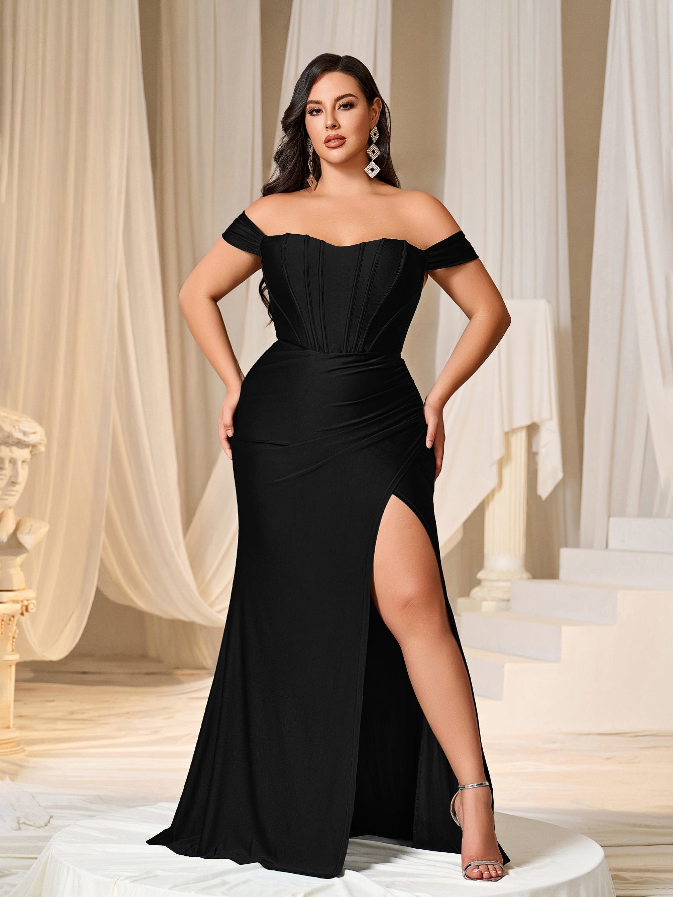 Plus Off Shoulder Ruched Wrap Hem Party Dress Black / 2XL Plus Off Shoulder Ruched Wrap Hem Party Dress Black / 2XL