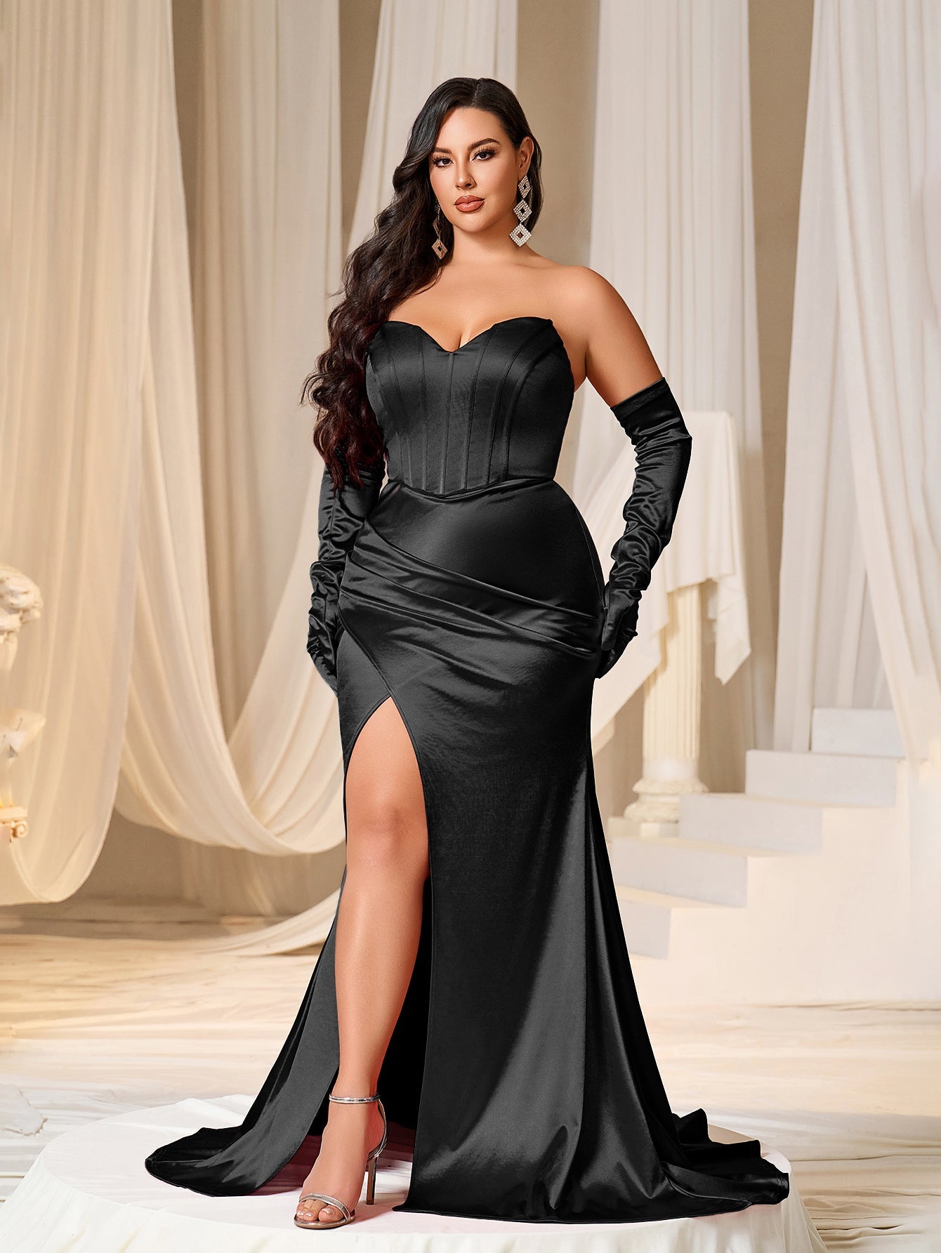Plus Ruched Wrap Hem Satin Tube Prom Dress(Gloves Included) Royal Blue / 2XL Plus Ruched Wrap Hem Satin Tube Prom Dress(Gloves Included) Royal Blue / 2XL