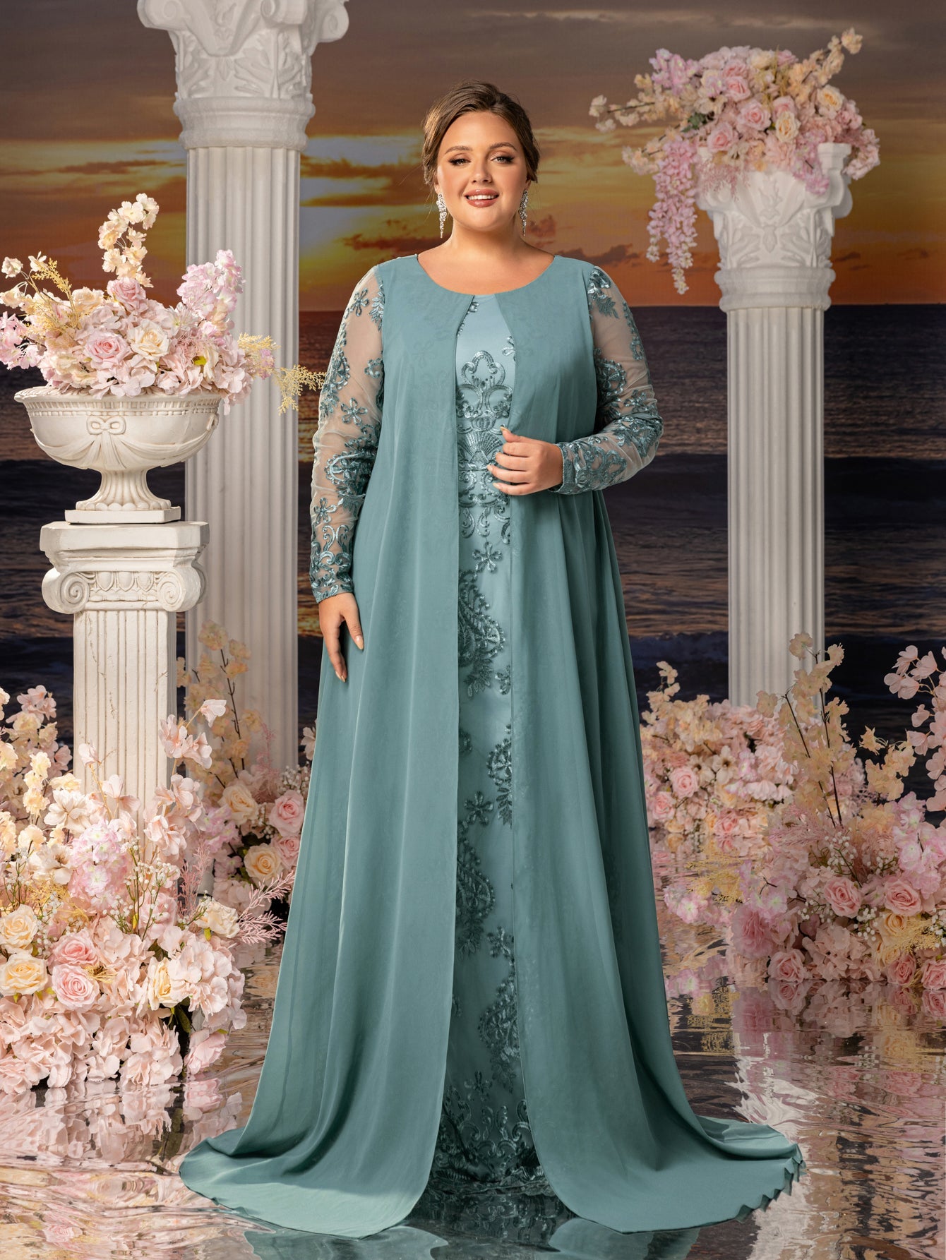 Plus Womens' Elegant Lace Mermaid Gown - Sheer Sleeves & Intricate Lace Patterns with Chiffon Overlay for Beach Weddings, Romantic Coastal Events