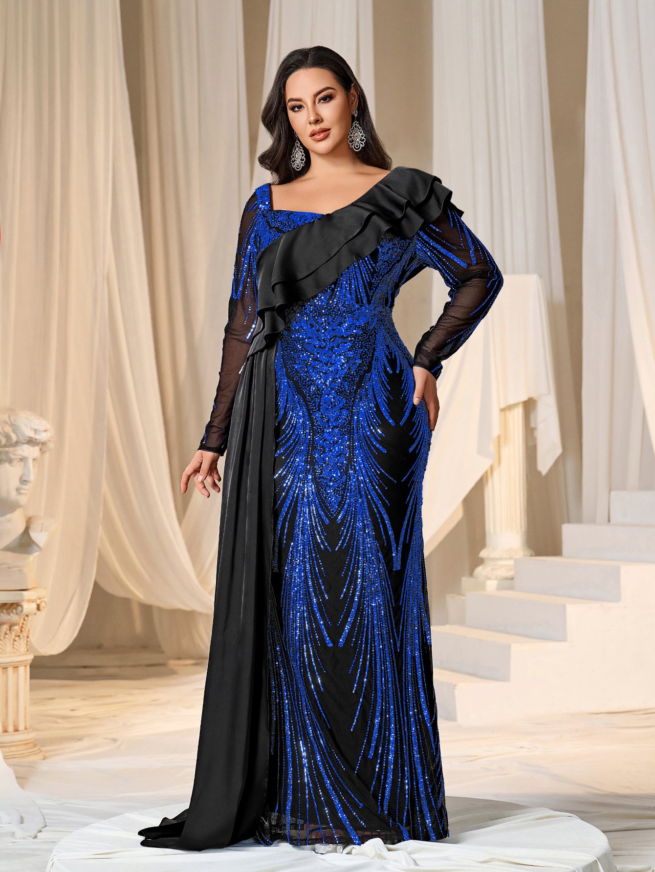 Plus Asymmetrical Ruffle Trim Mermaid Hem Graphic Sequin Formal Dress – Curvepretty