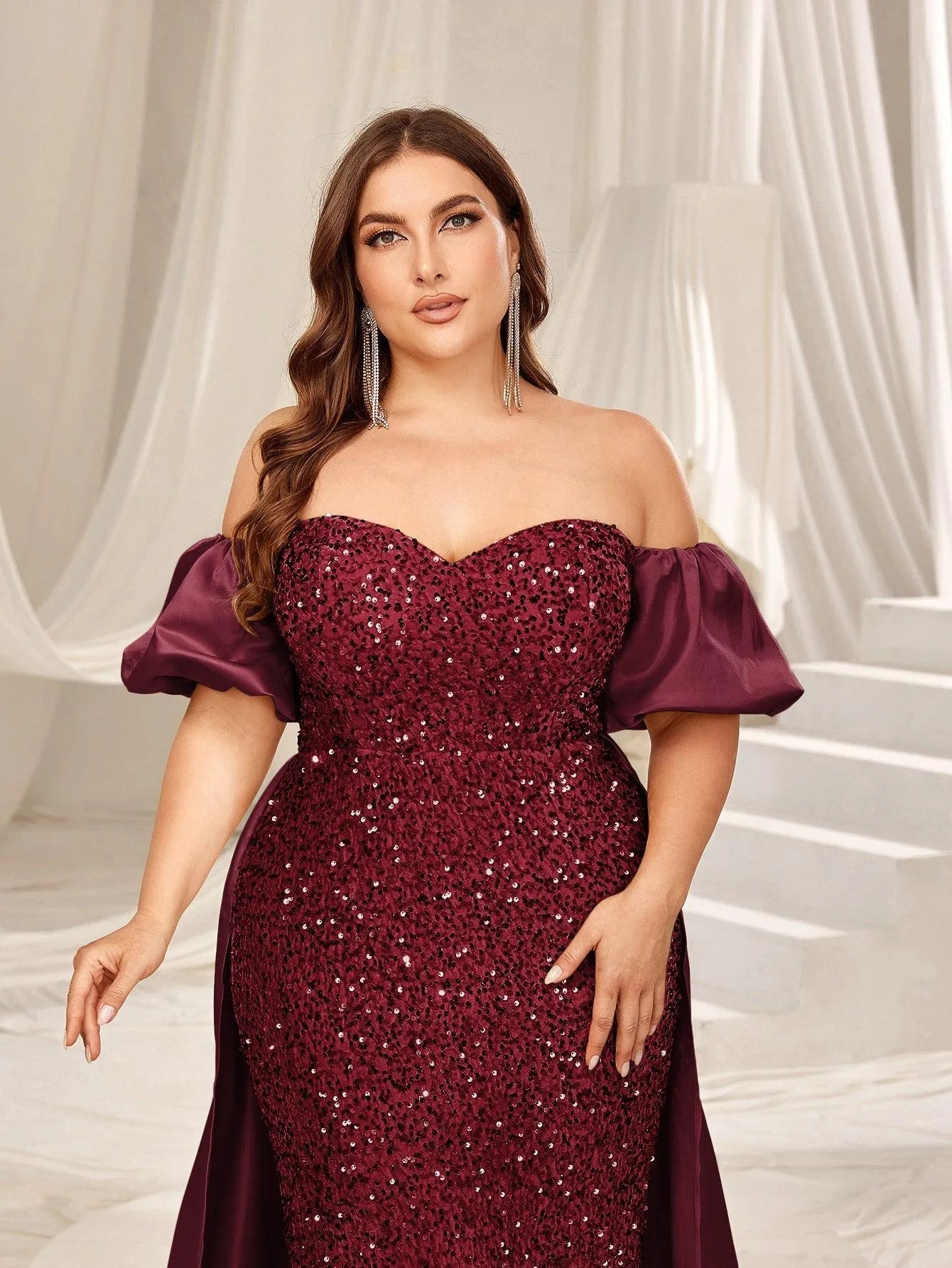 Plus Off Shoulder Puff Sleeves Satin Sequin Mermaid Dress - Elonnashop