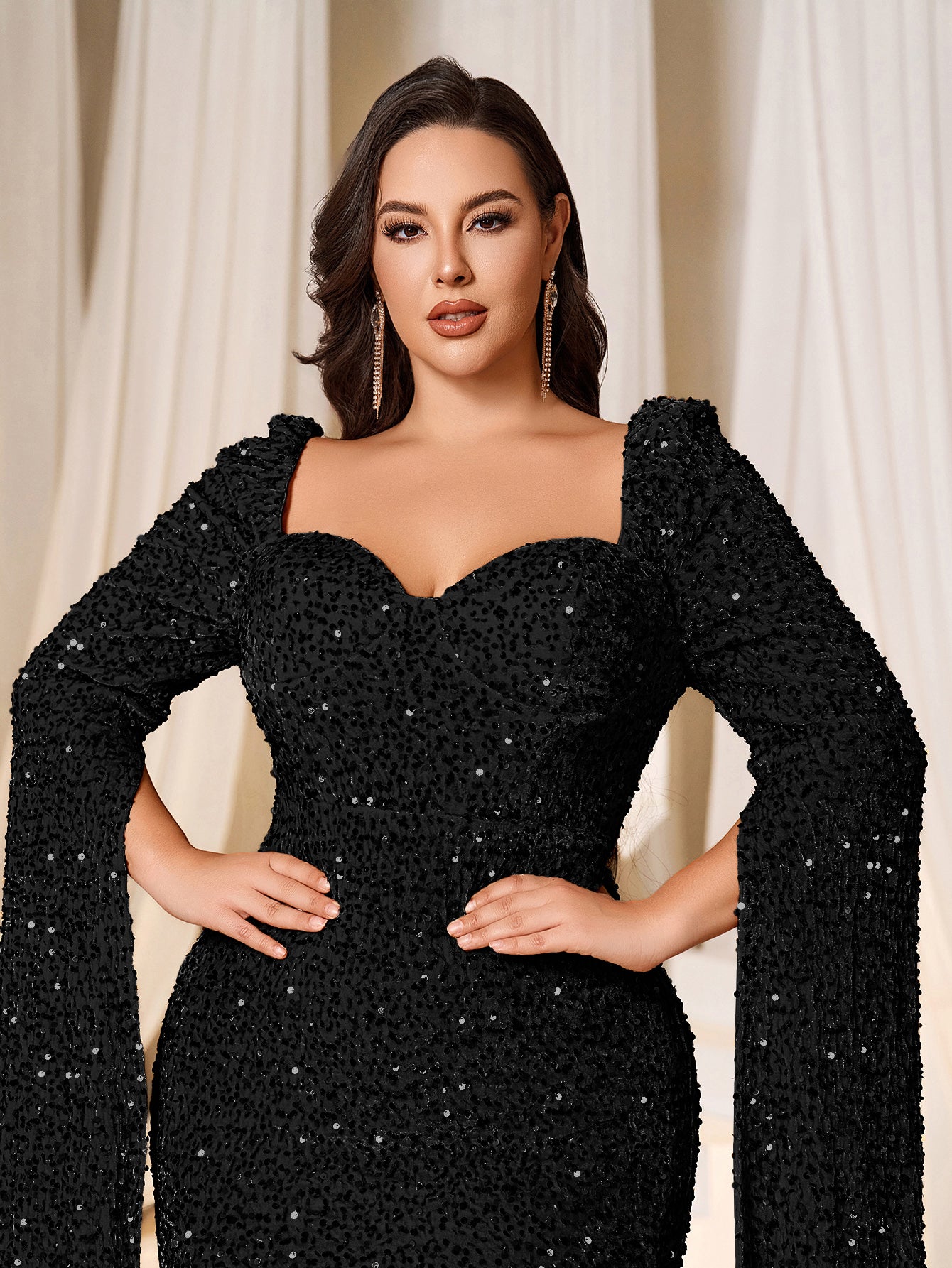 Plus Sweetheart Neck Extra-Long Sleeves Sequin Evening Dress